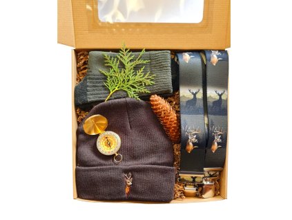 Myslivecký dárkový set - Čepice Srnec + Ponožky Les a Lov + Kšandy + Kompas