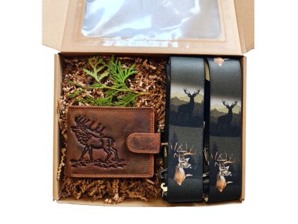 Myslivecký dárkový set - Kožená peněženka Jelen a kšandy