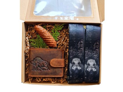 Myslivecký dárkový set - Kožená peněženka Divočák a kšandy