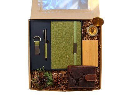 Myslivecký dárkový set - Kožená peněženka Jelen, A5 zápisník set, Powerbanka, Kompas