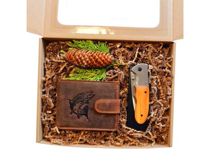 Rybářský dárkový set - Kožená peněženka a nůž
