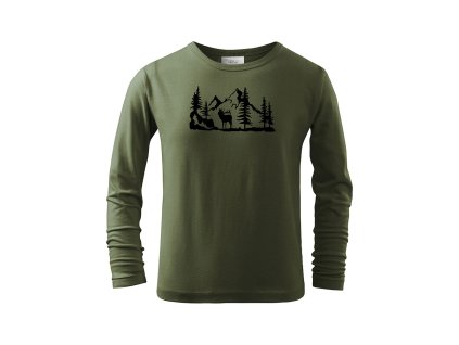 Myslivecké Tričko dlouhý rukáv Jelen v lese (Velikost 158cm(12let))