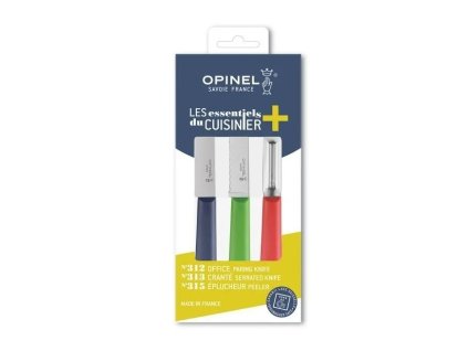Opinel SET 3ks - modrý nôž 10cm, zelený zúbkovaný 10cm, oranžová škrabka