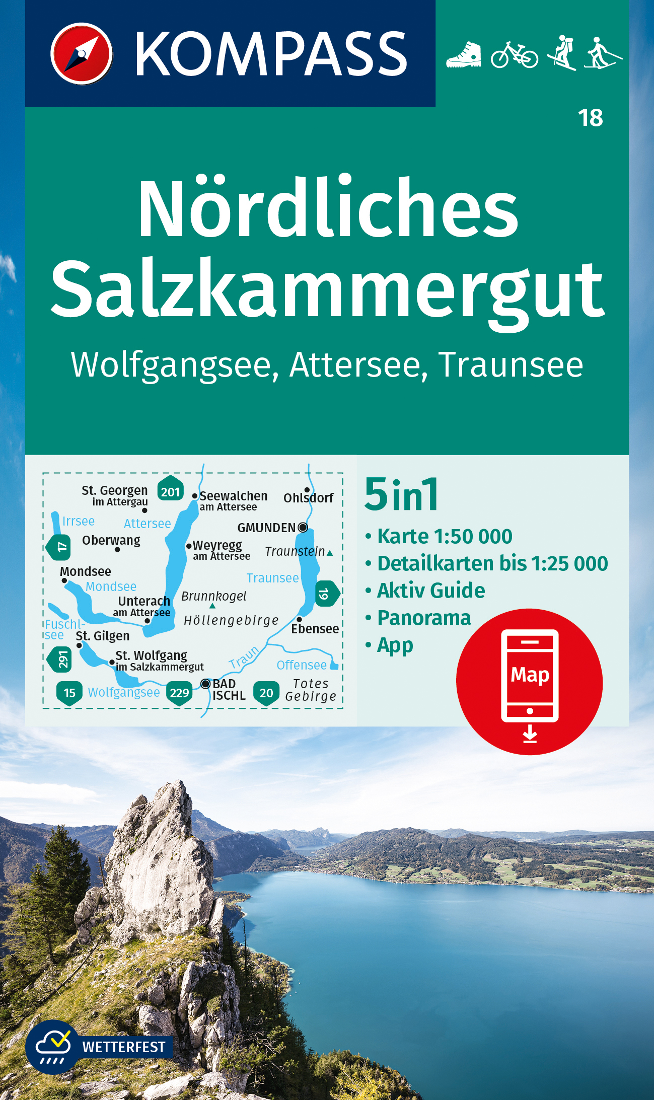 Solná komora sever, Wolfgangsee, Attersee, Traunsee (Kompass -18) - turistická mapa