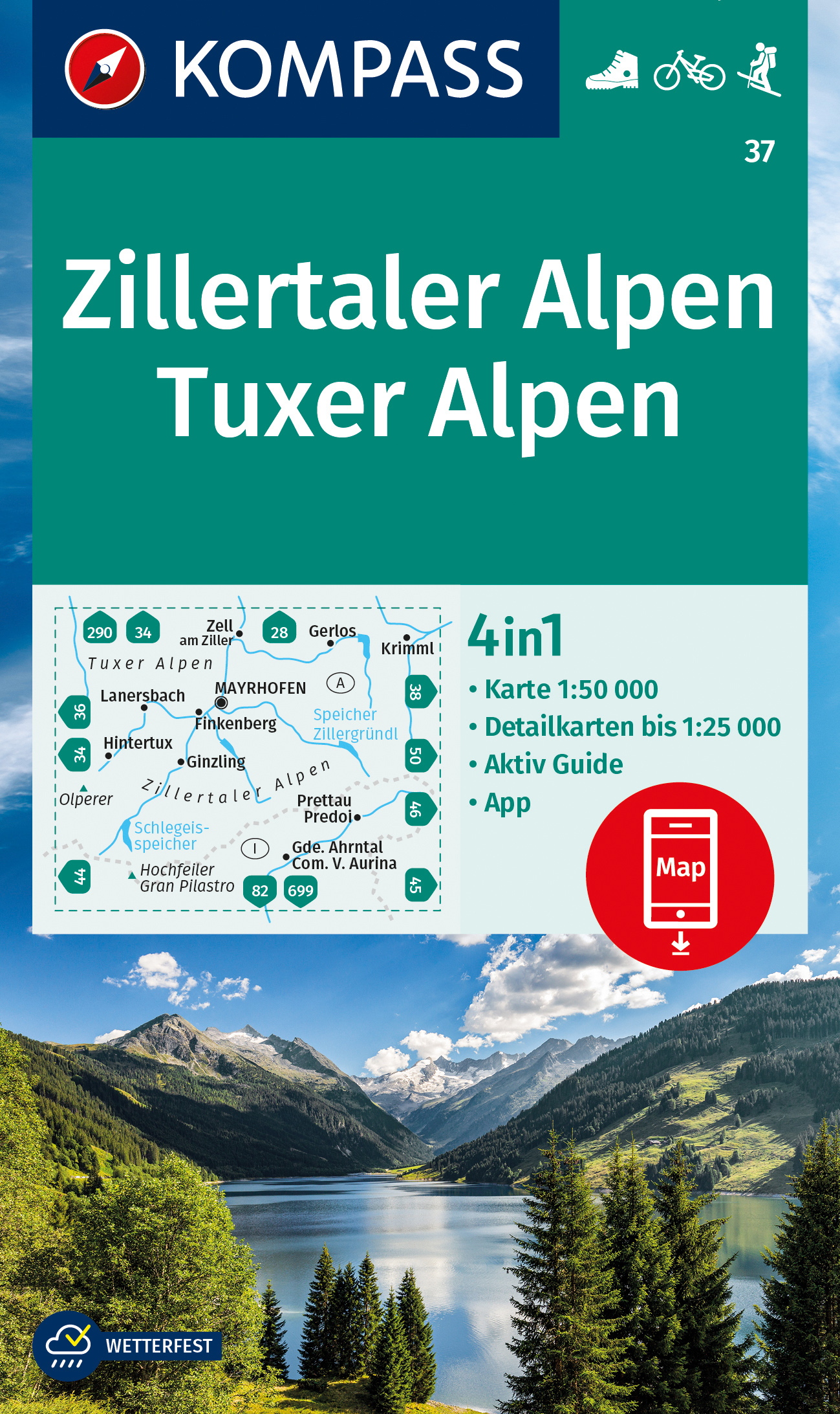 Zillertaler Alpen, Tuxer Alpen (Kompass - 37) - turistická mapa