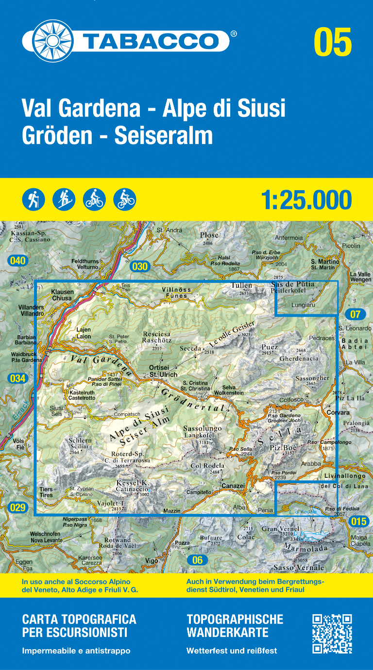 Val Gardena, Alpe di Siusi, Gröden, Seiseralm (Tabacco - 05) - turistická mapa | knihynahory.cz