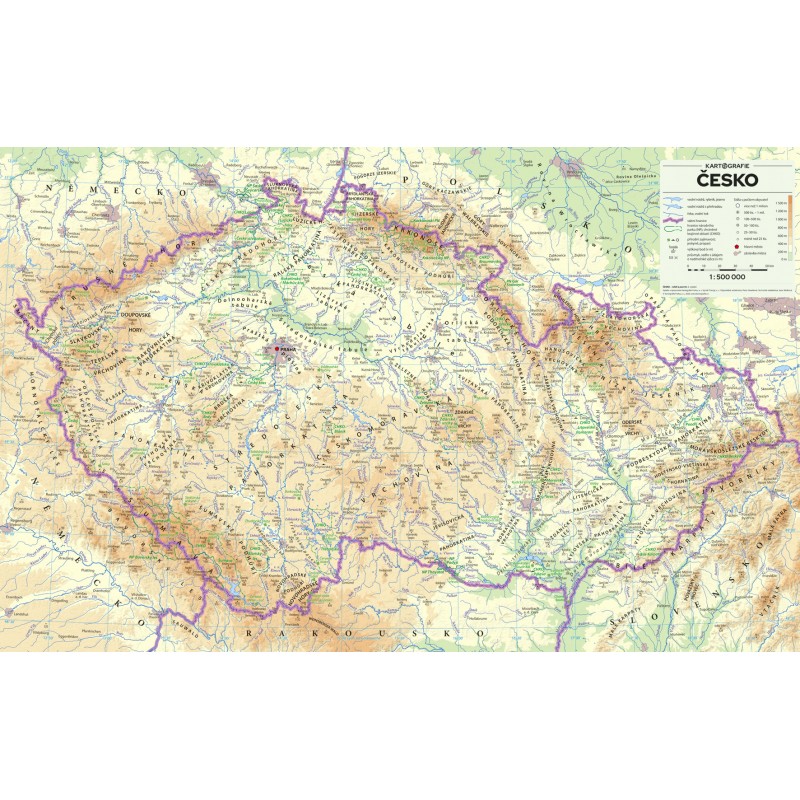 Kartografie Praha nástěnná mapa ČR 1:500 t.-reliéf a povrch,100x63 cm,lamino,lišt