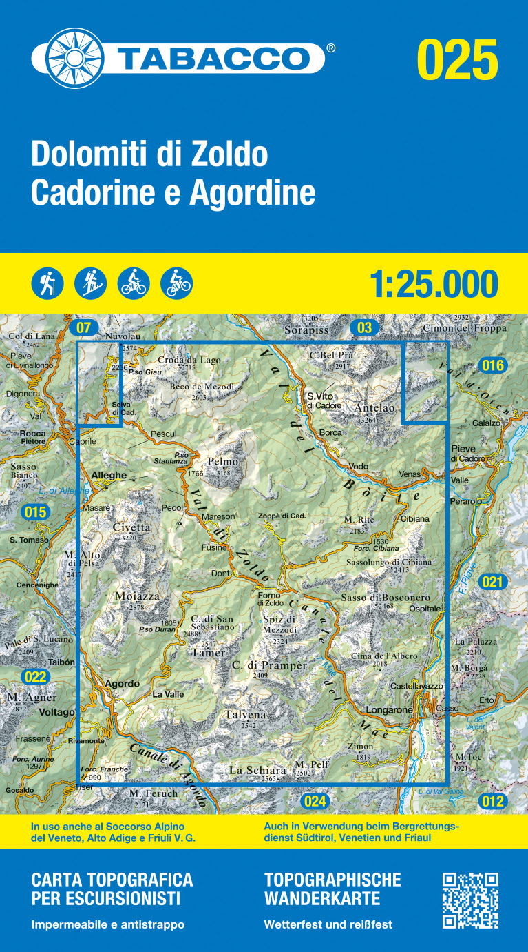 Dolomity oblasti Zoldo, Cadorine a Agordine (Tabacco - 025) - turistická mapa | knihynahory.cz