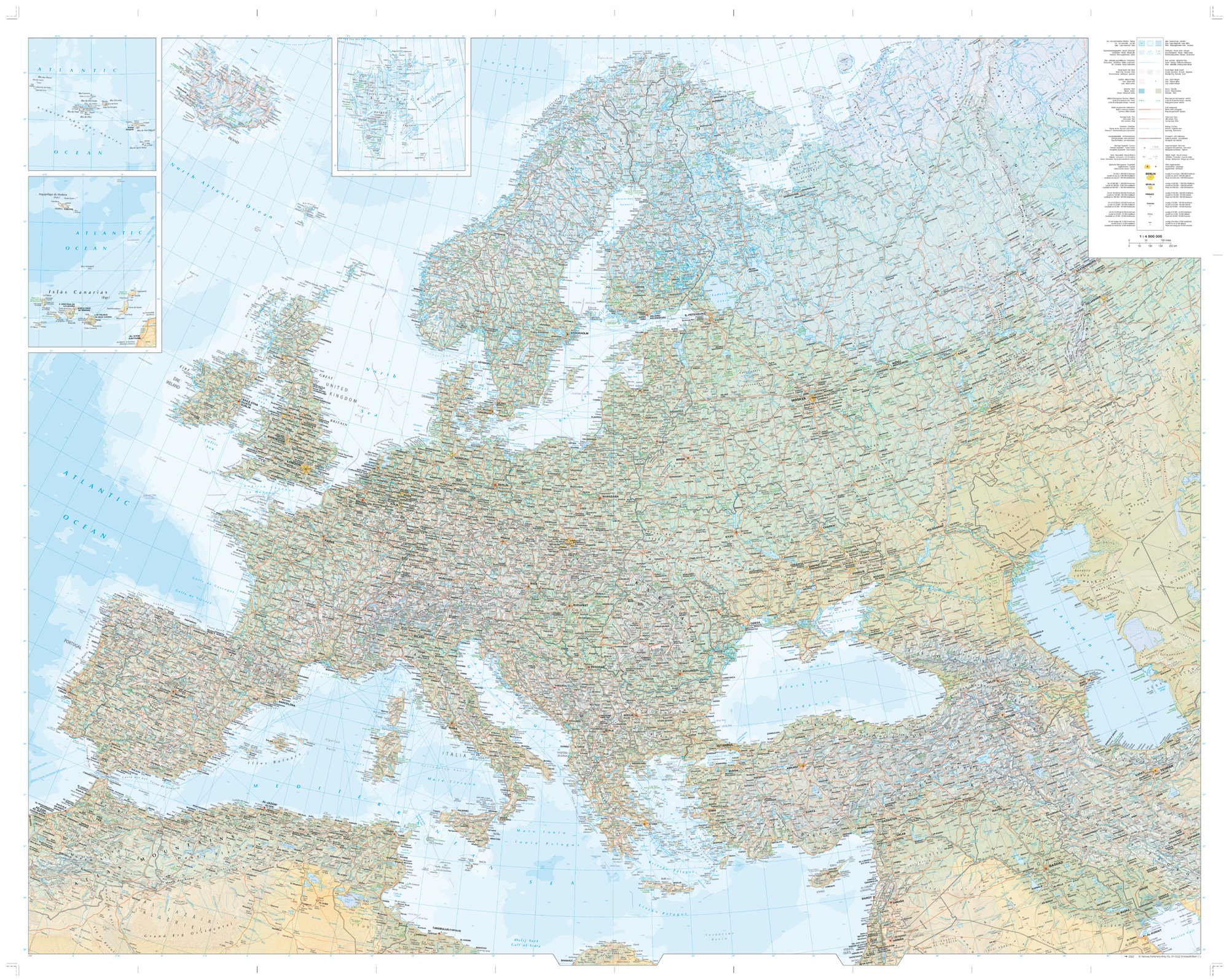 Kümmerly Frey/Hallwag vydavatelství nástěnná mapa Evropa - 1:4,5 mil., fyzická+silniční, 126x99 cm (nové vydání 2023/24)