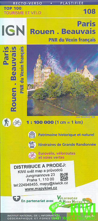 IGN mapa Paris,Rouen,Beauvais, PNR du Vexin francais 1:100 t. vodě