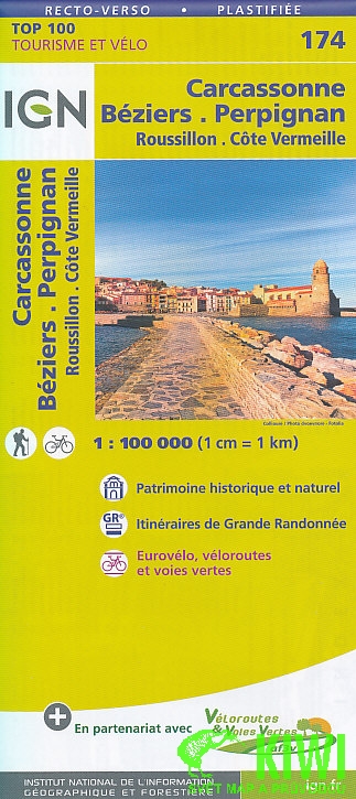 IGN mapa Carcassonne, Béziers, Perpignan, Roussillon, Cote Vermeill