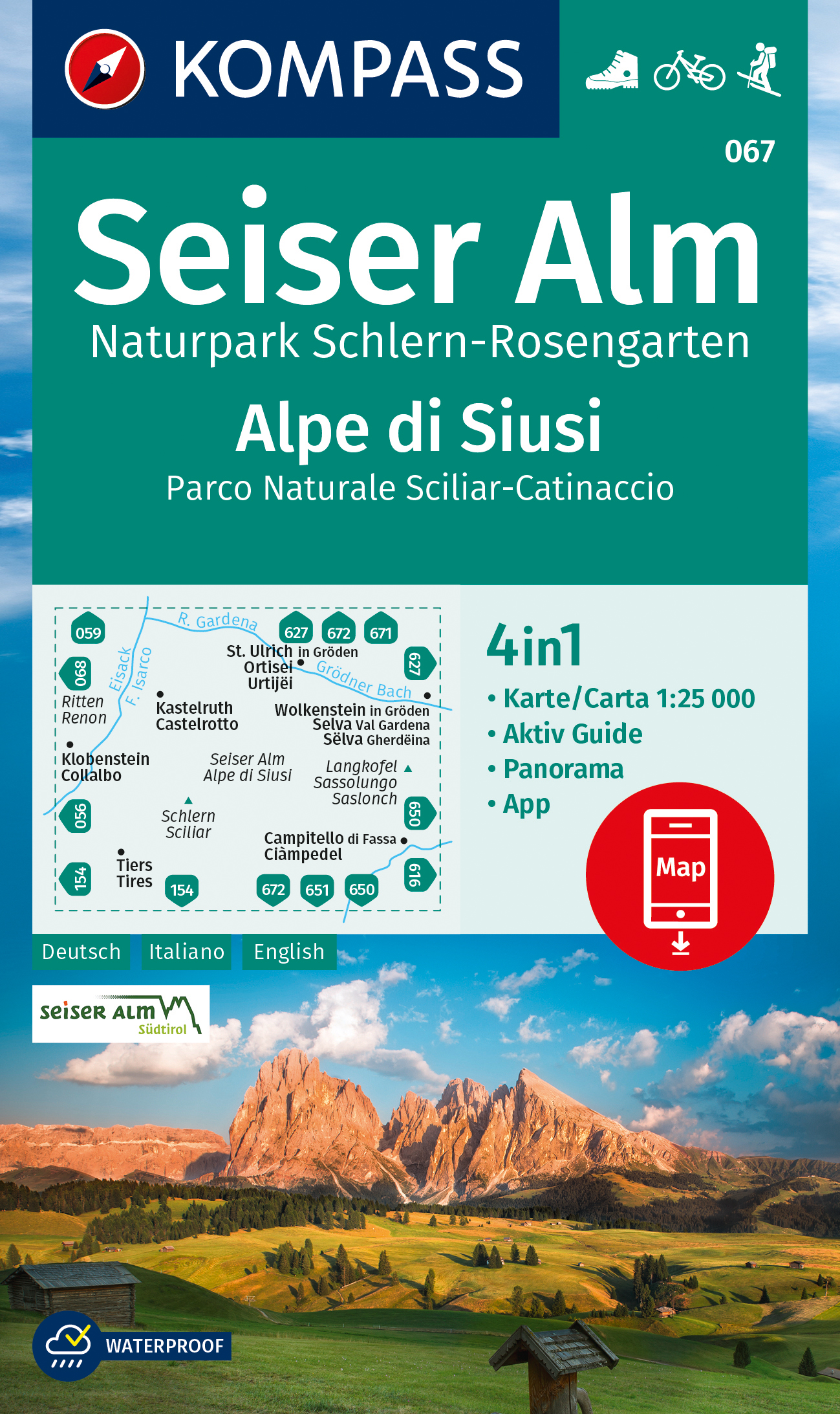 Seiser Alm, Alpe de Siusi, Naturpark Schlern - Rosengarten (Kompass - 067) - turistická mapa
