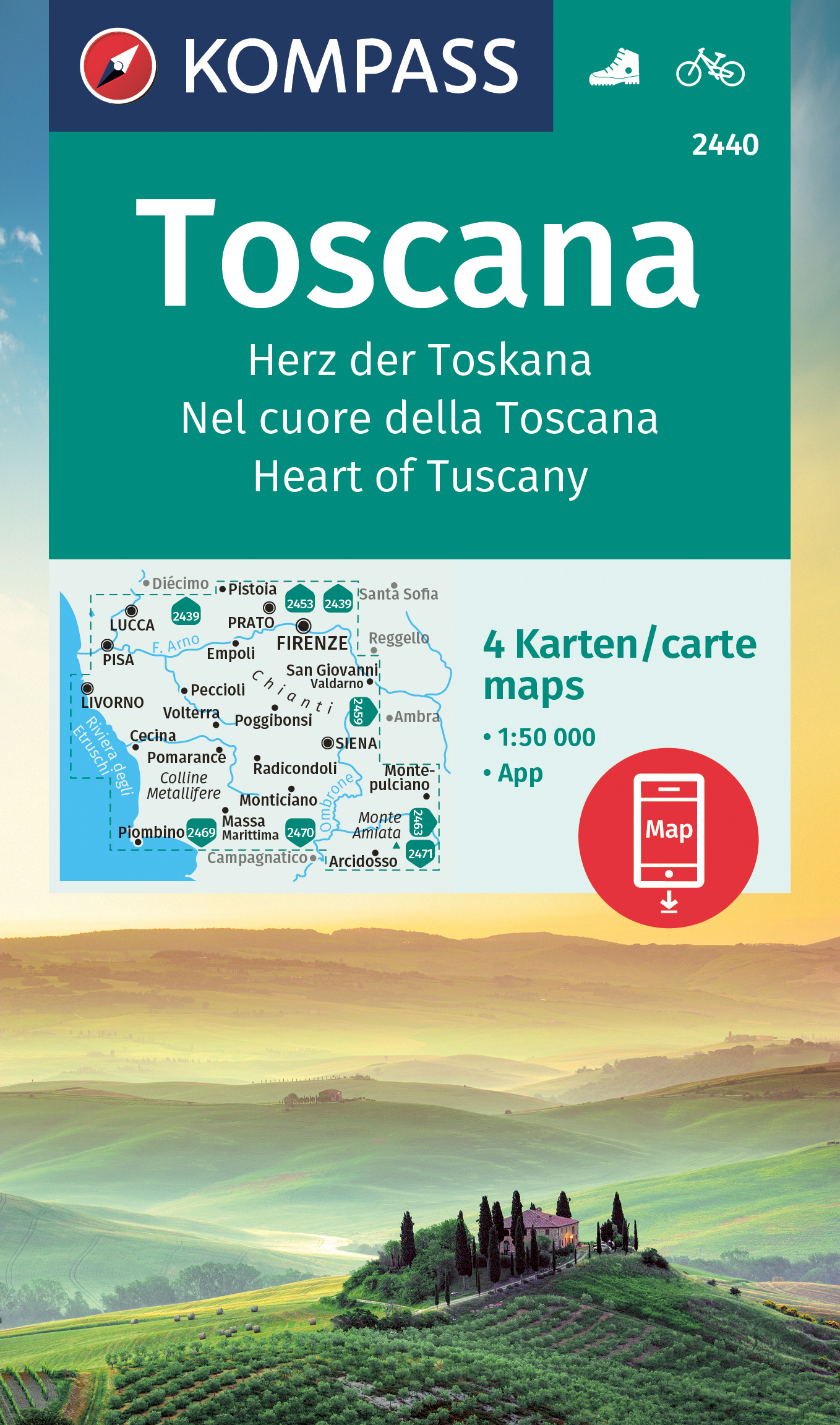 Toskánsko - set 4 turistických map (kompass č. 2440) - turistická mapa