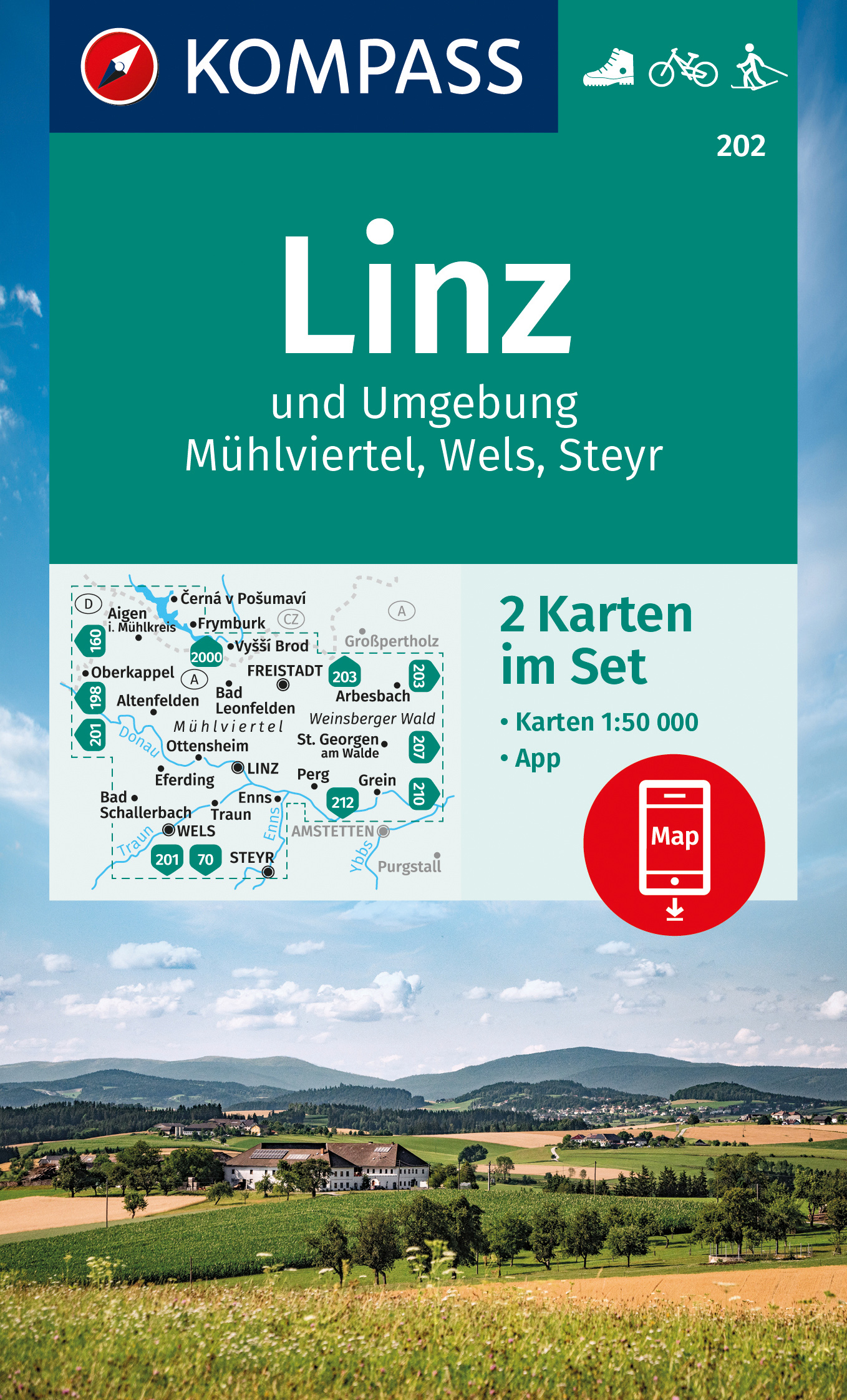 Linz a okolí, Mühlviertel, Wells, Steyr (Kompass č. 202) - turistická mapa