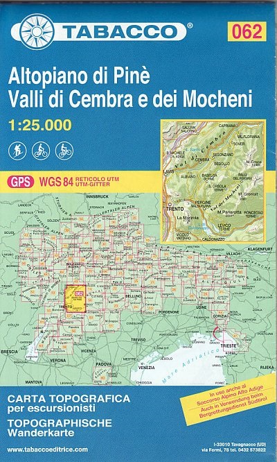 Altopiano di Pine, Valli di Cembra e dei Mocheni - turistická mapa Tabacco 062