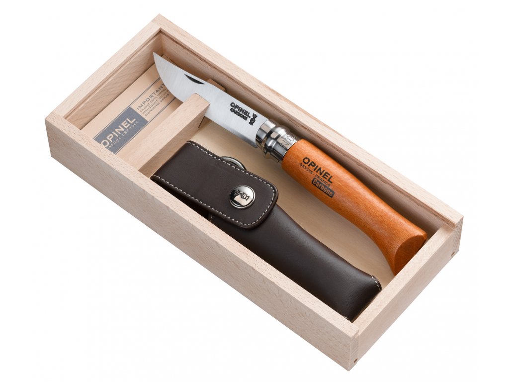 Nůž Opinel VRN N°08 Carbon + pouzdro, drevěná krabička