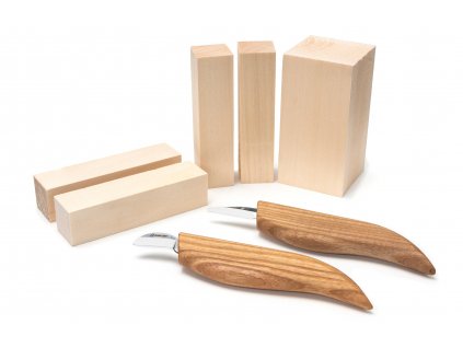 Řezbářské nástroje - sada BeaverCraft S16 pro vyřezávání figurek, 2 nože + bloky dřeva