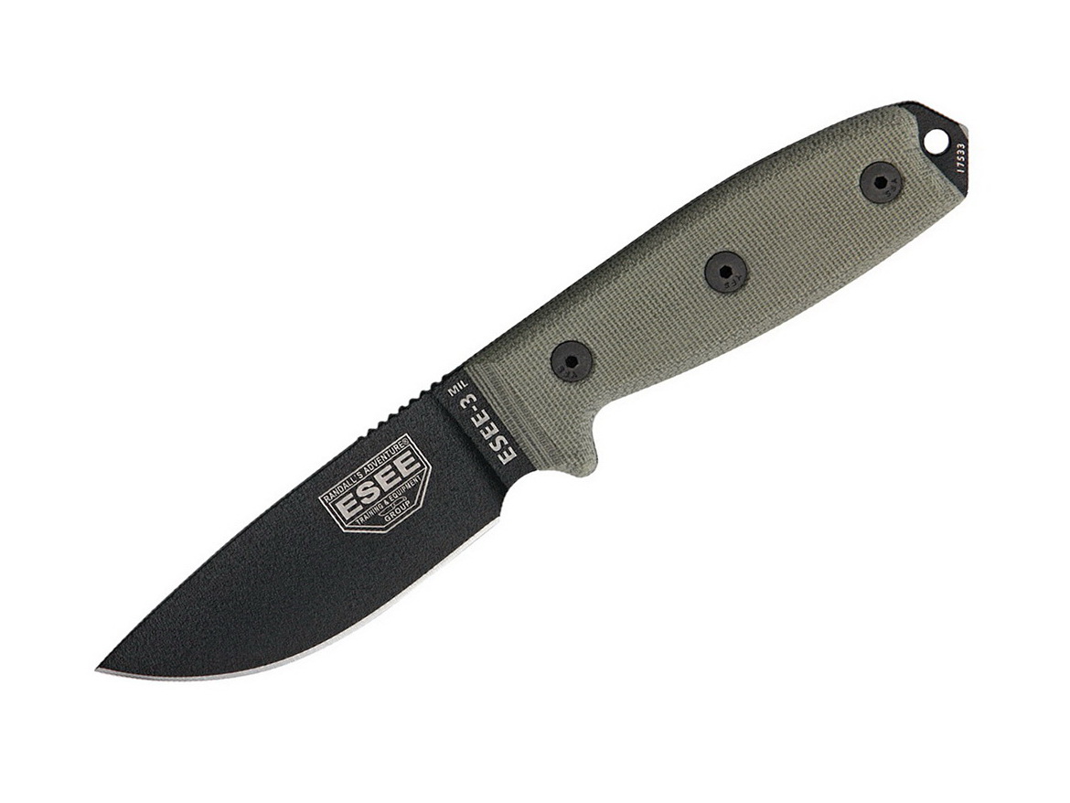 Levně ESEE 3 MIL-P-B 1095 Green Canvas Micarta, Black Sheath, MOLLE Back