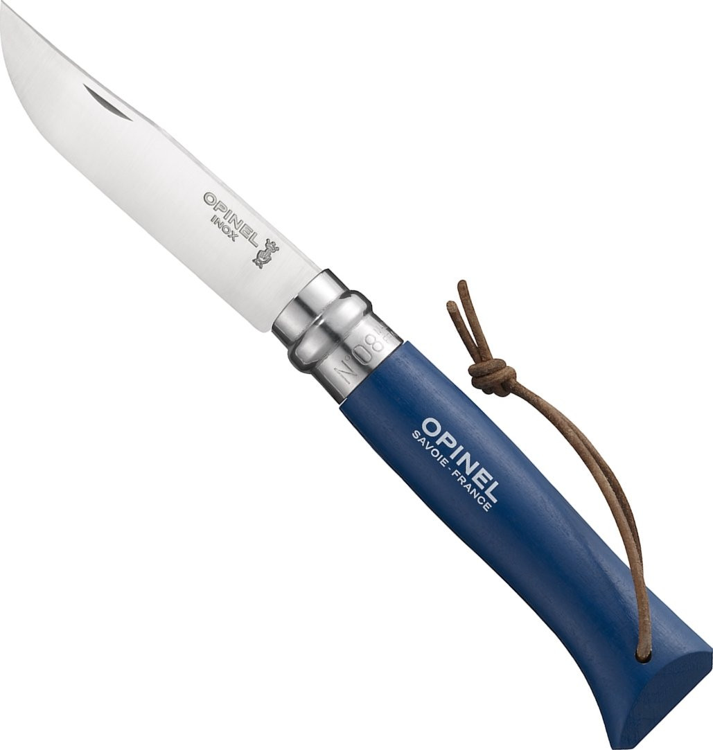 Opinel VRI N°08 Inox Adventurer kék kés bőr zsinórral