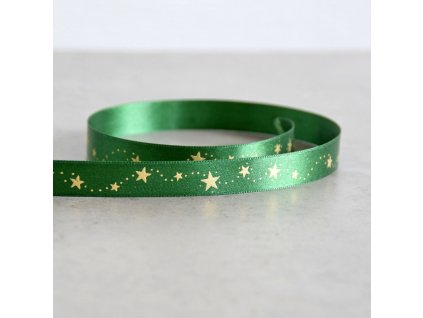 Atlasová stuha - vánoční hvězdičky - zelená, šíře 15 mm