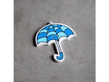 Dřevěný dekorační knoflík - deštník - modré vlnky