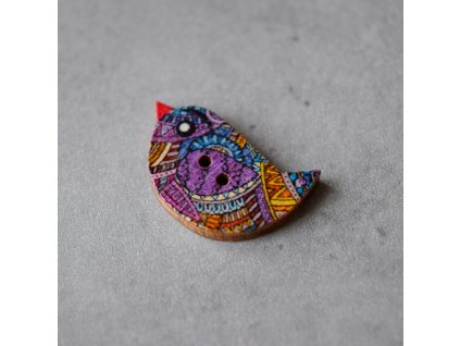Dřevěný dekorační knoflík - ptáček - fialovooranžový
