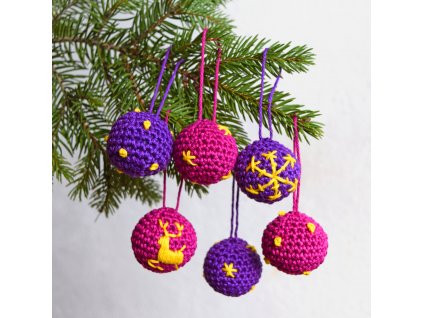 Sada vánočních minikouliček - 6 kusů - fialová/bordó