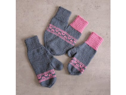 Partnerské rukavice HEARTS sada - tmavě šedá/růžová