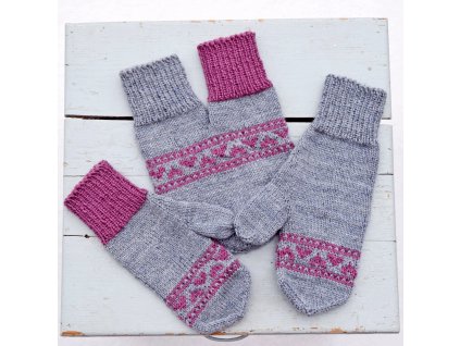 Partnerské rukavice HEARTS sada - světle šedá/švestková