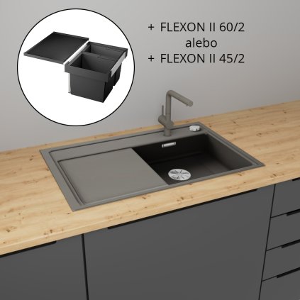 Blanco - SET Drez Zenar 45 S + Batéria Linus - S + Smetný kôš Flexon II, Sivá vulkán