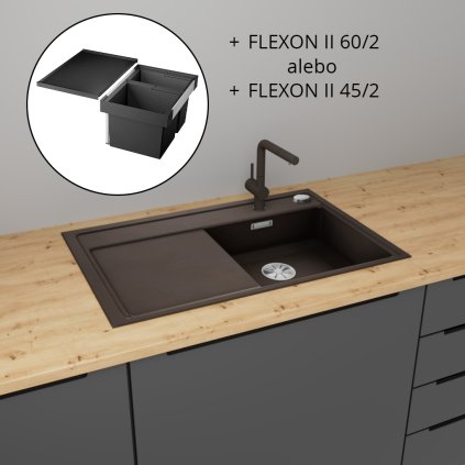 Blanco - SET Drez Zenar 45 S + Batéria Linus - S + Smetný kôš Flexon II, Káva (Variant orientácia Pravá, Variant širka korpusu pre kôš 450 mm)