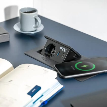 Elektrická zásuvka - Výklopná zásuvka GTV AVARO PLUS, 1 x 230V, USB A+C, 1 x indukčná 5W, Čierna