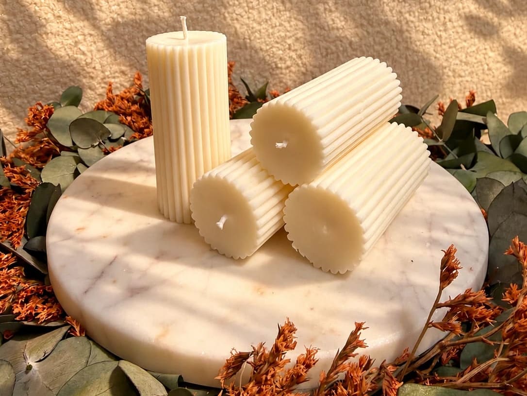 Adventní sójové svíčky KNOT na mramorovém podnosu s eukalyptem