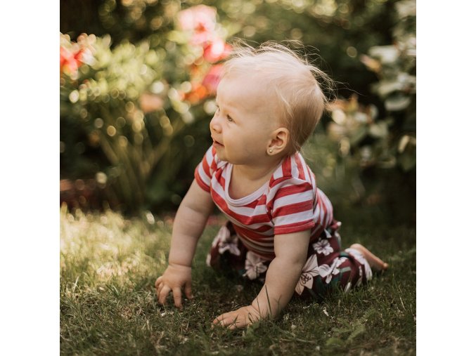Tričko ze směsi merina a lyocelu: proužek bílá/korálově červená