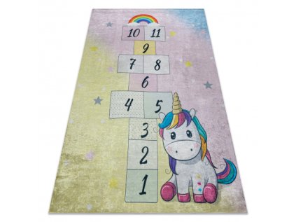 Dětský kusový koberec vhodný k praní BAMBINO 54060 Skákací Panák Jednorožec růžový žlutý (Rozměr 80x150 cm)