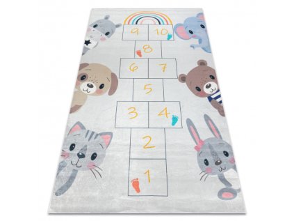 Dětský kusový koberec vhodný k praní BAMBINO 43092 Skákací Panák Zvířátka šedý žlutý (Rozměr 80x150 cm)