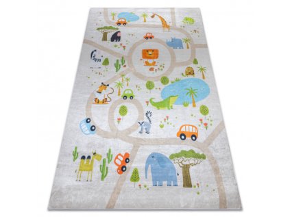 Dětský kusový koberec vhodný k praní BAMBINO 50230 Uličky Zvířátka Auta Zoo béžový zelený (Rozměr 80x150 cm)