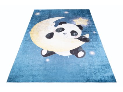 Dětský kusový koberec vhodný k praní BAMBINO 2322 Medvídek Měsíc Vesmír Hvězdy protiskluzový modrý2