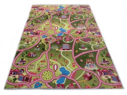 Dětský kusový koberec FLANNEL PRINTED JWH Město Cesta zelený růžový (Rozměr 120x170 cm)