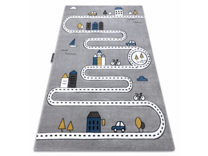Dětský kusový koberec PETIT Cesta auta domy šedý