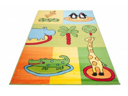 Dětský kusový koberec KINDER K596A Krokodýl Tučňáci Hroch Žirafa vícebarevný
