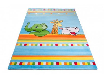 Dětský kusový koberec KINDER C760A Slon Žirafa Hroch modrý
