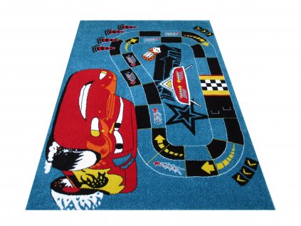 Dětský kusový koberec Mondo 06 Autodráha Závodní auto modrý