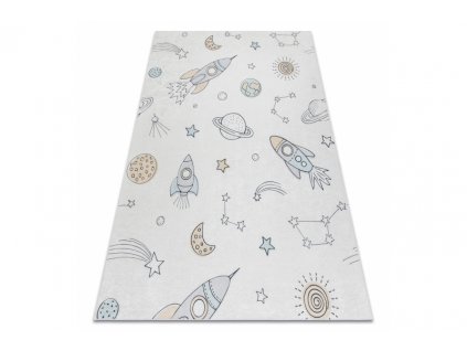 Dětský kusový koberec vhodný k praní BAMBINO 1278 Vesmír raketa hvězdy protiskluzový krémový
