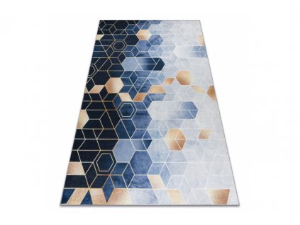 Kusový koberec vhodný k praní ANDRE 1216 Kostky geometrický protiskluzový modrý