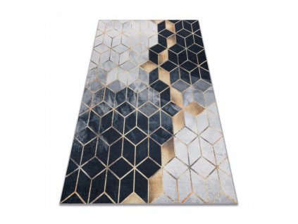 Kusový koberec vhodný k praní ANDRE 1171 Kostky geometrický 3D protiskluzový černý zlatý
