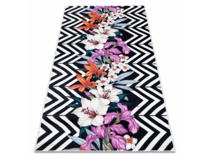 Kusový koberec vhodný k praní ANDRE 2300 Květiny moderní protiskluzový černý bílý vícebarevný
