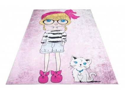 Dětský kusový koberec vhodný k praní BAMBINO 1719A Holčička kočička protiskluzový růžový