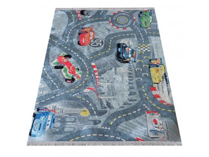 Dětský kusový koberec NEW BAMBINO 05 Pratelný Ulčky Závodní dráha Auta šedý1