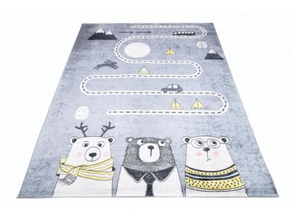 Dětský kusový koberec vhodný k praní BAMBINO 2027 Cesta Medvěd protiskluzový šedý